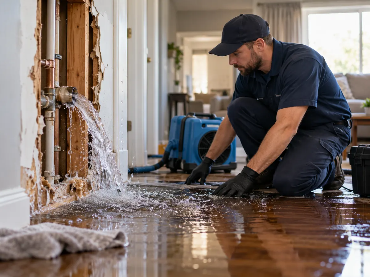 Illustrative damaged residential supply pipe with water escaping