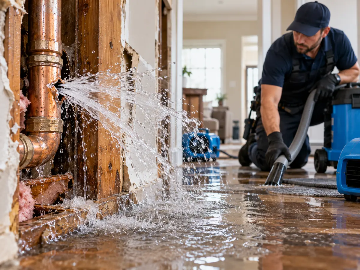 Illustrative ruptured copper supply pipe with water escaping inside a home