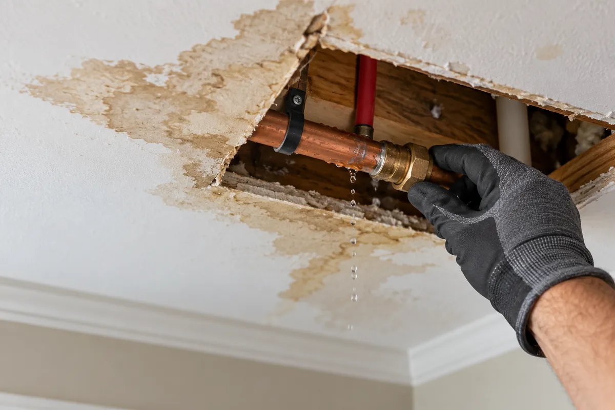 Close-up illustrative image of a leaking copper pipe inside an opened ceiling with water stains