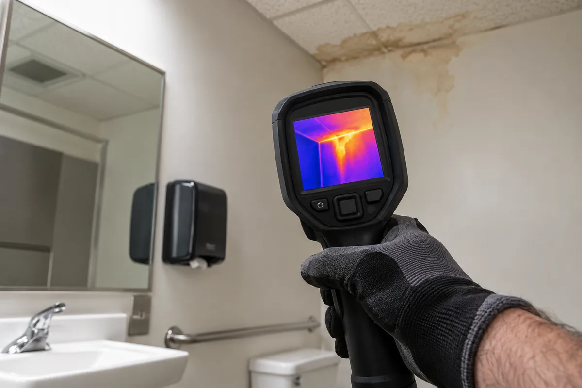 Illustrative thermal camera checking for a concealed water leak in a building