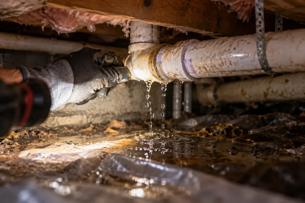Illustrative view of a dripping pipe beneath a residential floor in a crawlspace