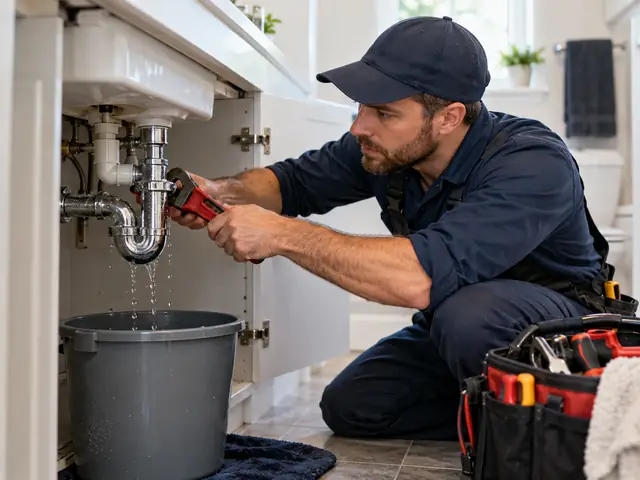 Plumber inspecting a leaking drain pipe beneath a residential sink