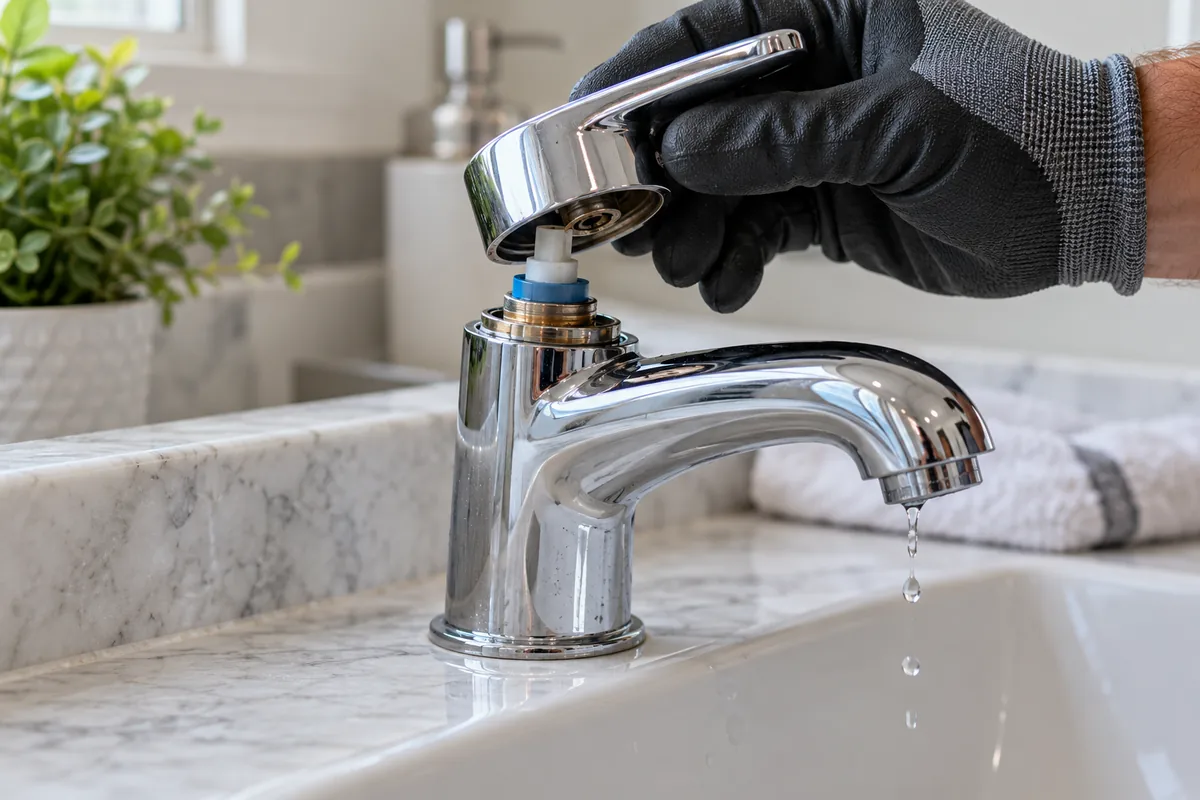 Illustrative close-up of a bathroom faucet cartridge being replaced