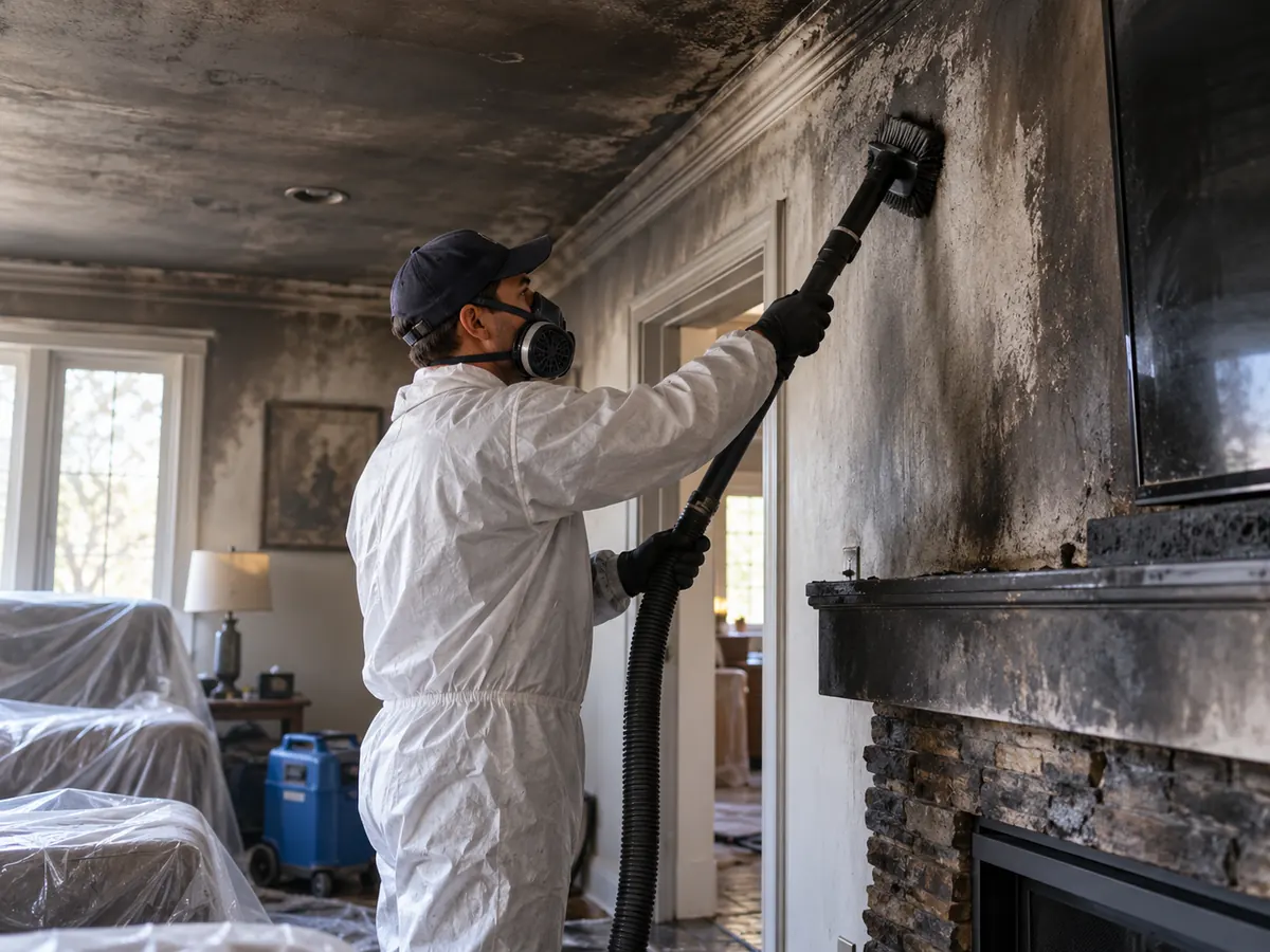 Illustrative home interior with smoke and soot cleanup underway