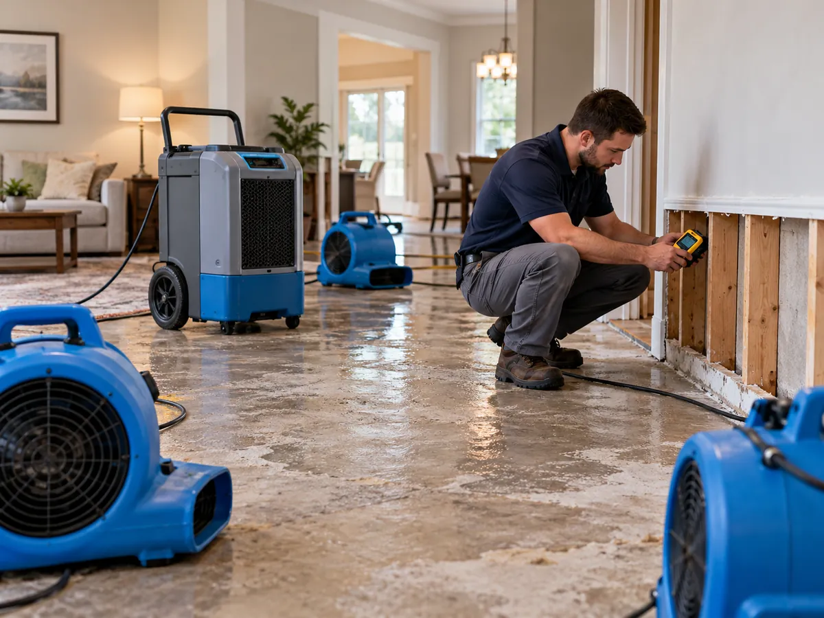 Illustrative image of a technician assessing moisture after residential flood damage