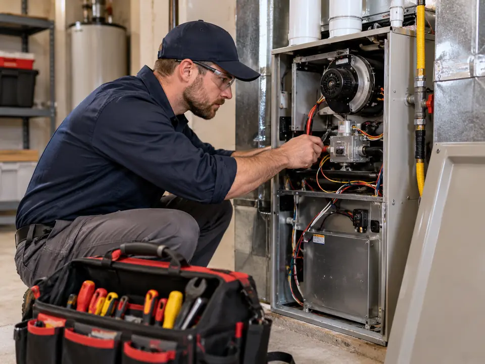 Illustrative photo of a technician inspecting an indoor residential furnace