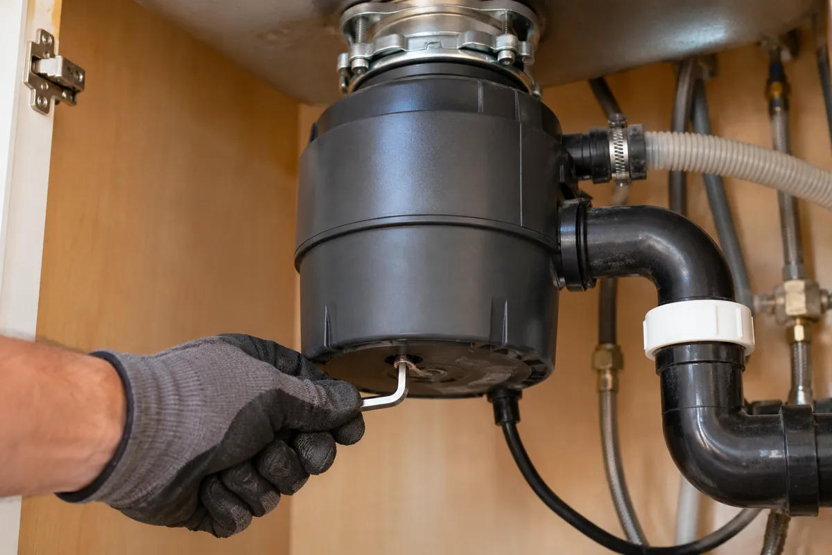 Illustrative close-up of an under-sink garbage disposal being checked
