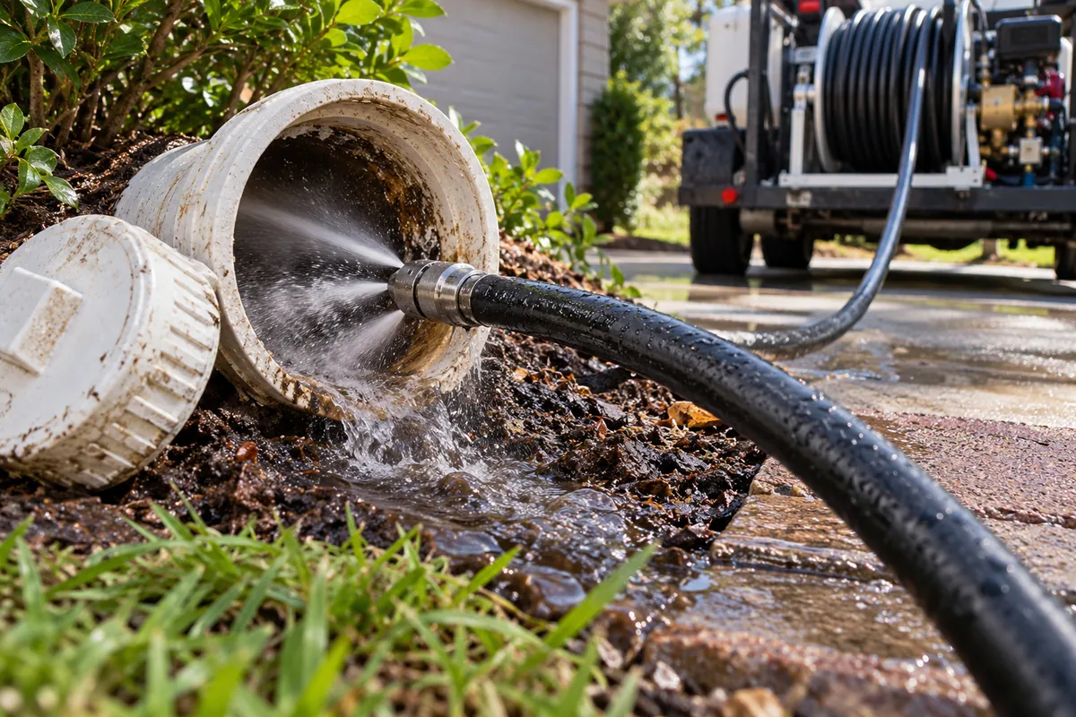 Illustrative close-up of a hydro jetting hose cleaning a sewer pipe