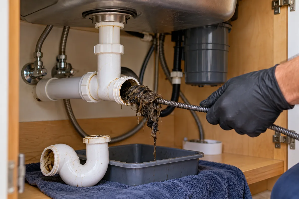 Close-up illustrative image of a clogged kitchen sink drain with a drain cleaning cable