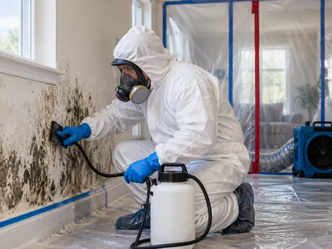 Protective-suit worker treating mold-affected interior wall surfaces