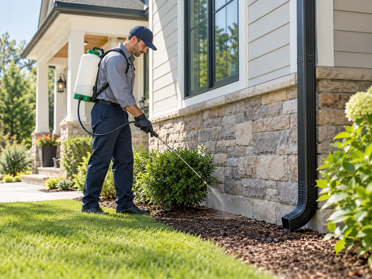 Illustrative pest control inspection around a home exterior