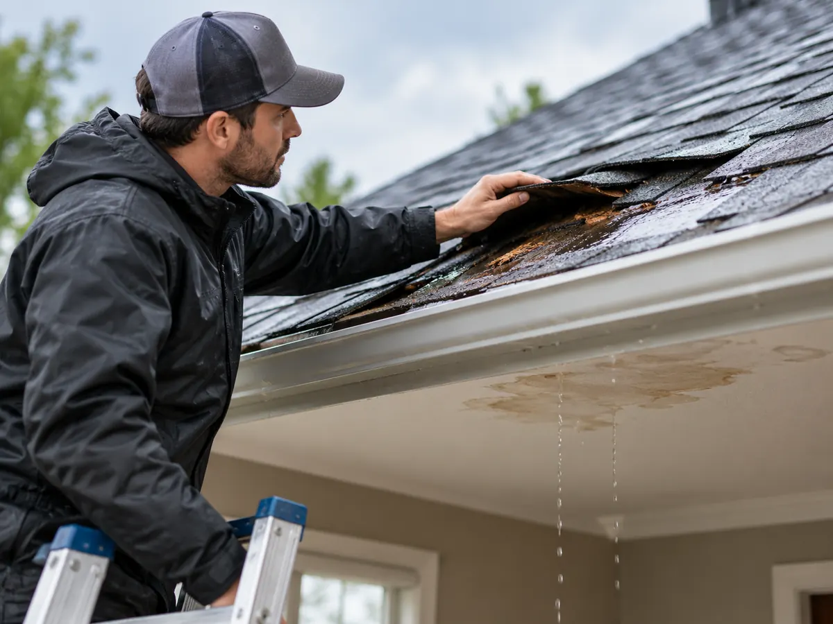 Illustrative residential roof with storm damage and active leak