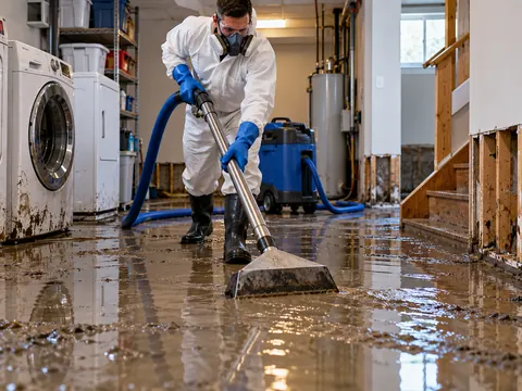Protective-gear worker extracting contaminated floodwater from a utility room