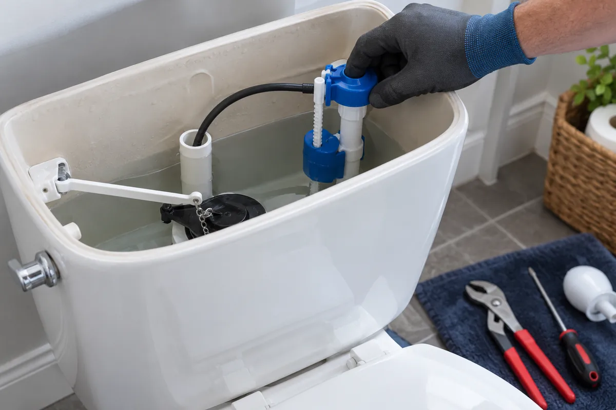 Illustrative close-up of a toilet tank fill valve under inspection