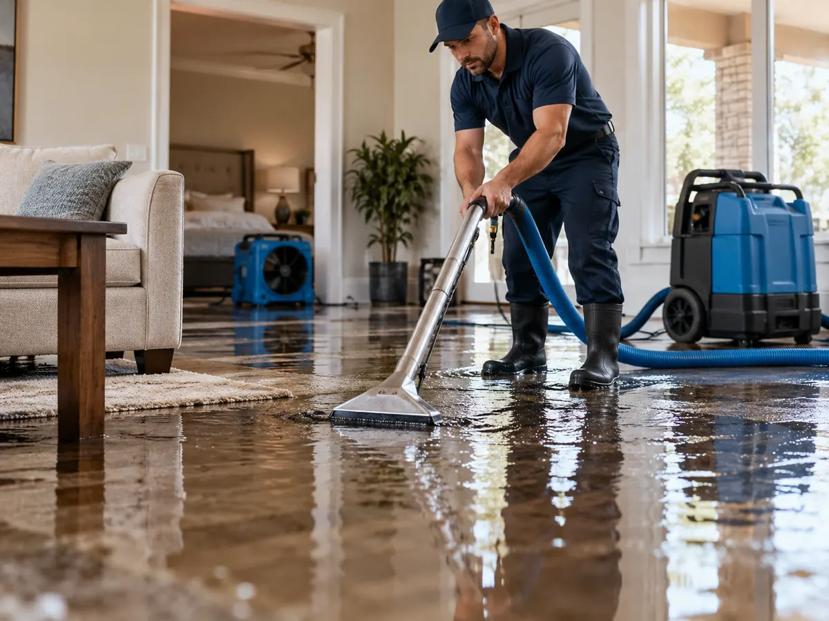 Illustrative emergency water extraction underway in a home