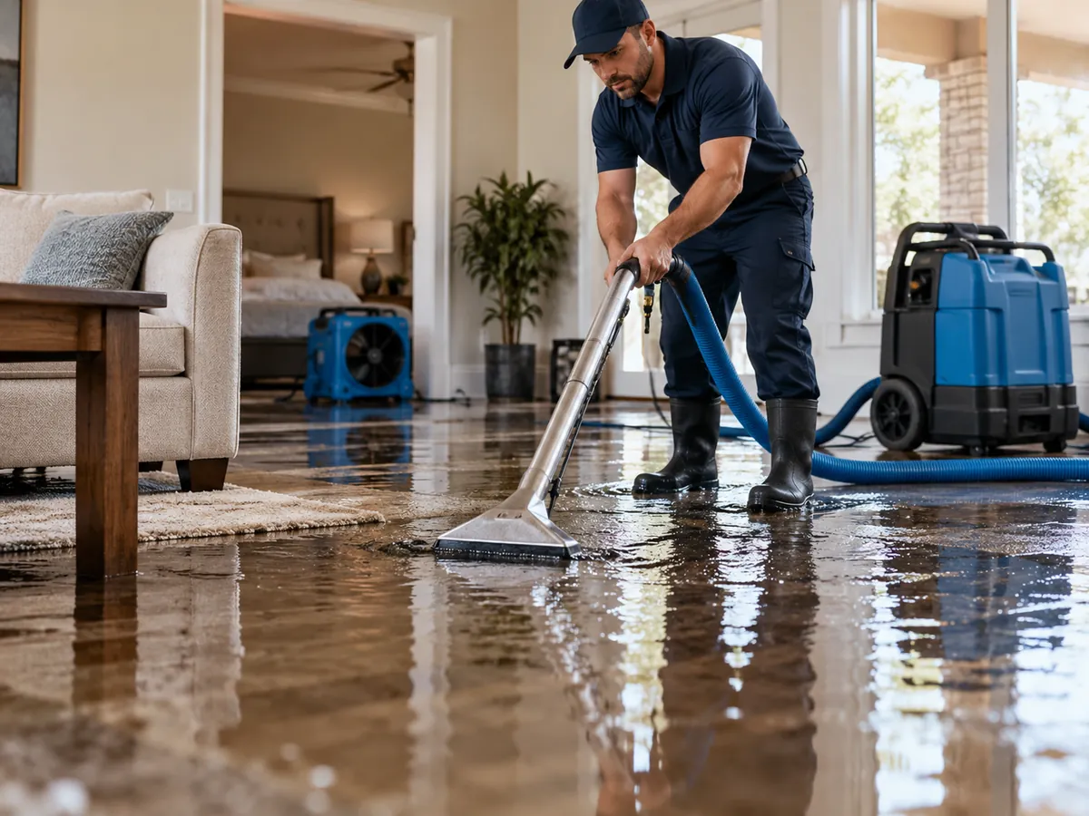 Illustrative image of a technician extracting standing water from a residential floor