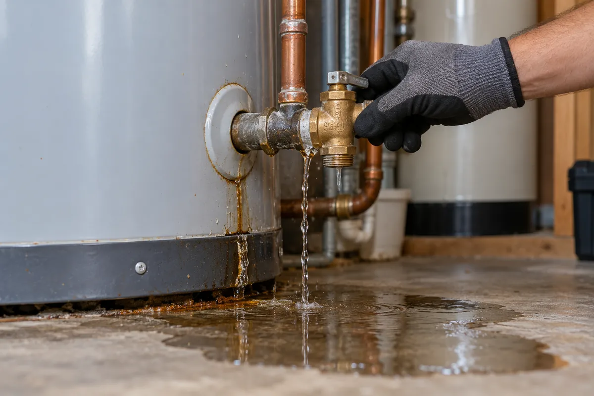 Illustrative close-up of an actively leaking water heater valve and water on the floor