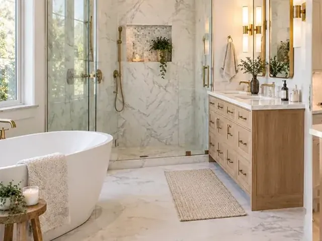 Modern bathroom renovation with a tub and shower area
