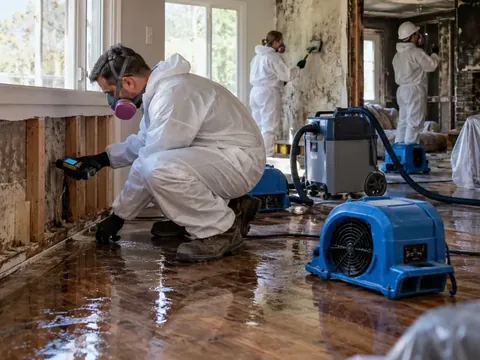 Water-damaged drywall opened for drying and inspection