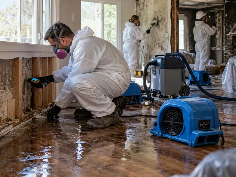 Water-damaged drywall opened to inspect moisture behind interior wall finishes