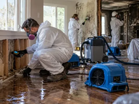 Restoration worker addressing wet materials after indoor flooding