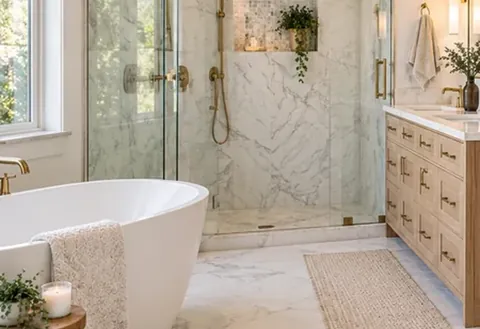 Modern remodeled bathroom with tub, vanity, and glass shower