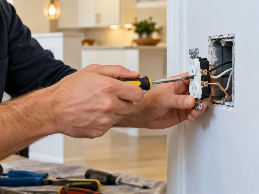 Electrician working on a household wall outlet