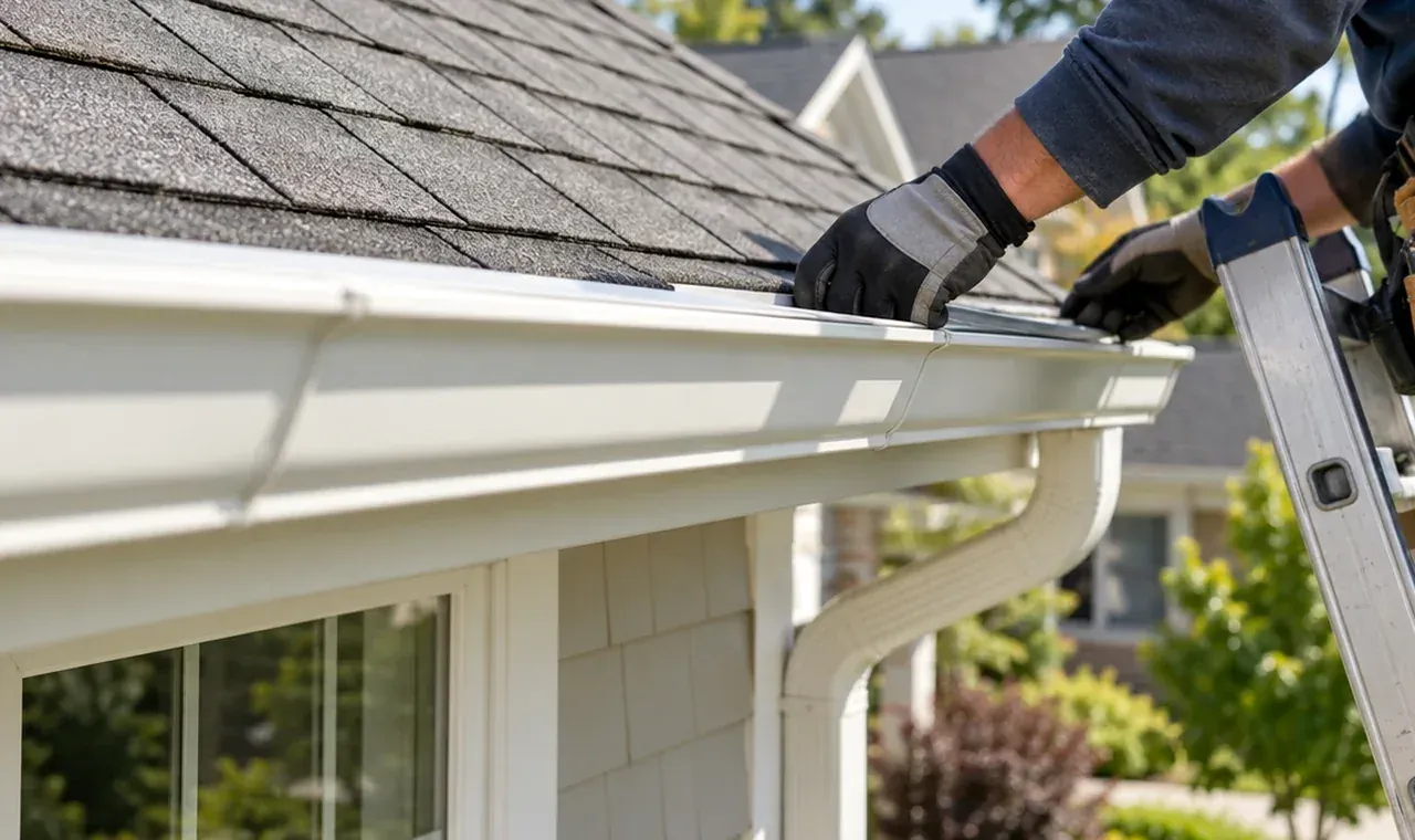 Technician servicing a rain gutter at a residential roof edge