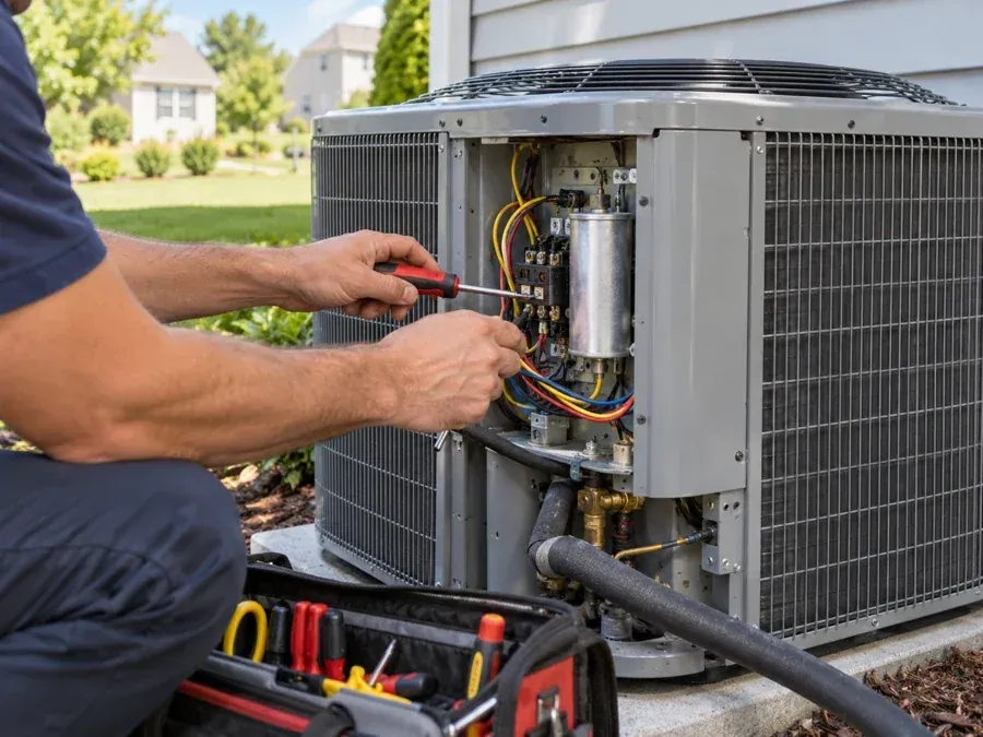 Technician inspecting an outdoor residential AC unit