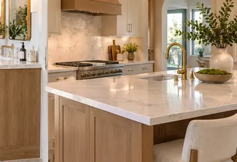 Remodeled residential kitchen with cabinets and countertop island