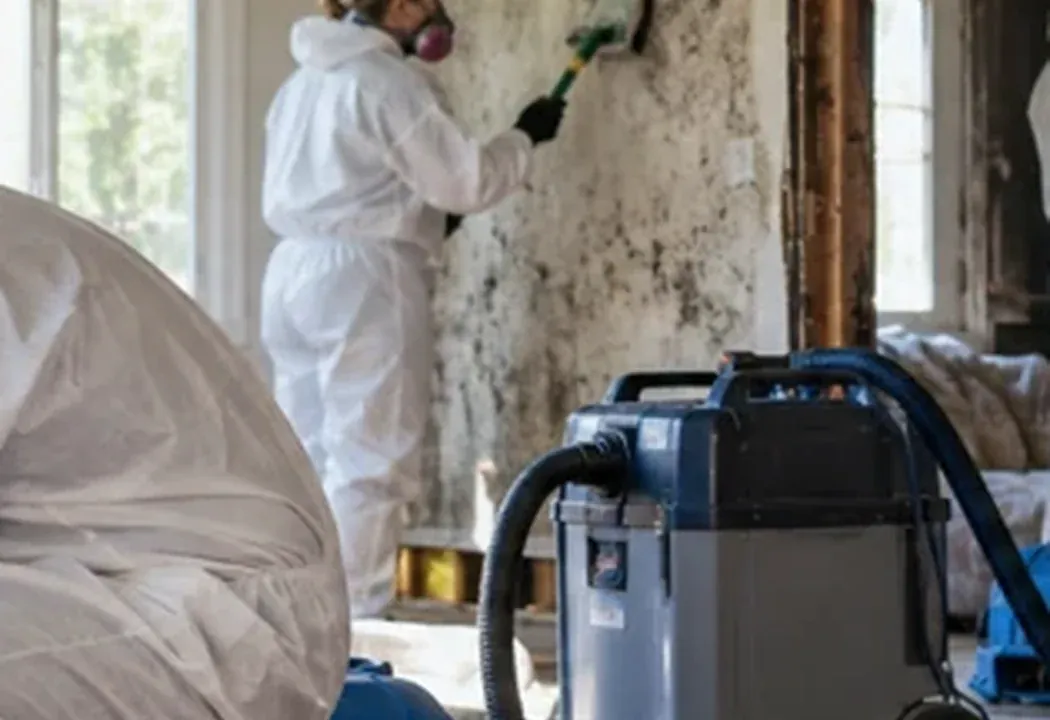 Remediation technician beside affected drywall and air filtration equipment