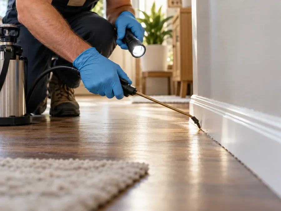Pest control technician treating an interior baseboard