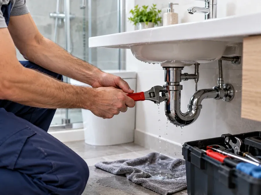 Technician repairing the pipework beneath a household sink
