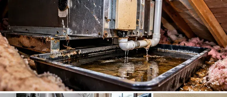 Moisture and water around a leaking air-handler condensate pan and drain line