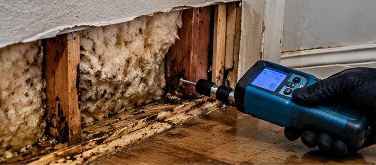 Moisture assessment near water-affected interior materials associated with a musty odor