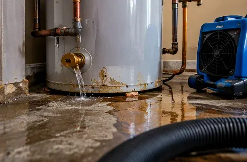Water on the floor around a leaking residential water heater and its connections