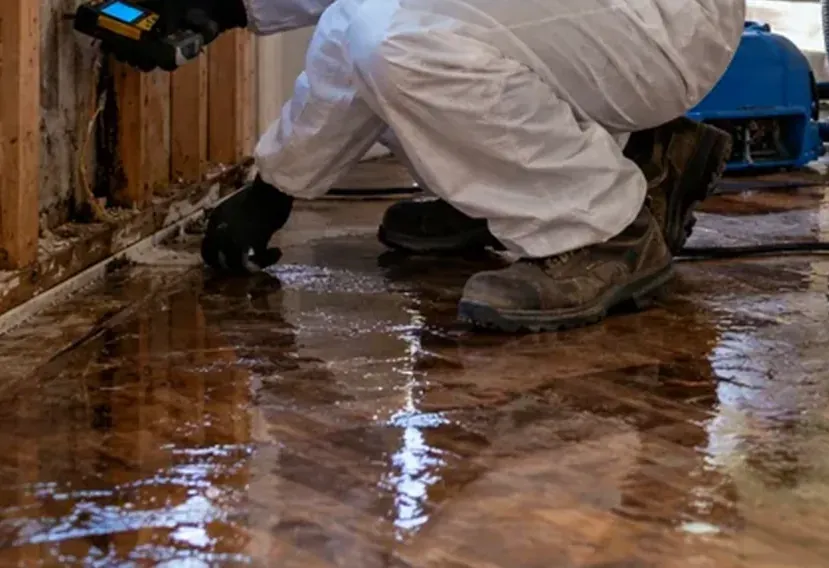 Water extraction and drying equipment near a wet carpet and floor